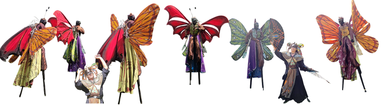 papillons geant sur echasses et chamane jongleur